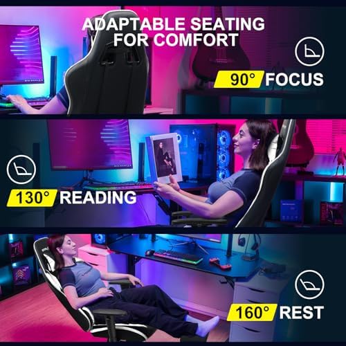 GTPLAYER Gaming Chair with Footrest, Ergonomic Computer Game Desk Chair, Reclining Gamer Chair Seat Height Adjustment, Swivel Rocker with Headrest and Lumbar (White)