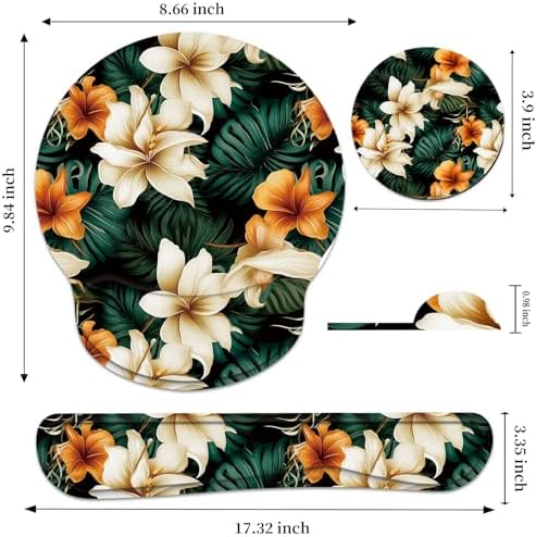 Keyboard Wrist Rest and Mouse Pad Wrist Support Set with Coaster,Ergonomic Mouse Pad,Comfortable for Easy Typing, Pain Relief,Memory Foam Keyboard Pad Set for Laptop Mac,White Brown Flowers