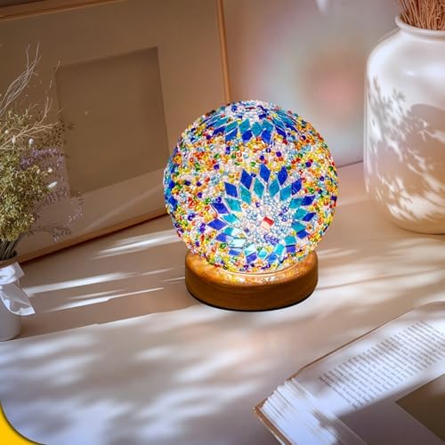 Turkish Mosaic Lamp, 3 Color Temperature Tiffany Bedside Lamp with USB Power, Moroccan Glass Lantern Table Lamp for Living Room Decor, Simple Control (D:4.7" x H:5.2") (Blue1)