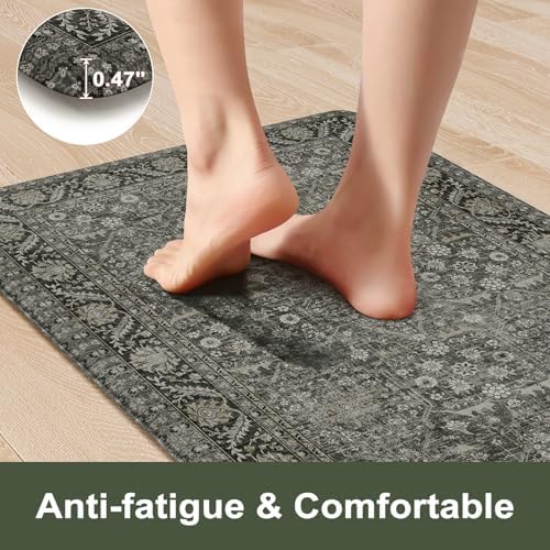 KIMODE Anti Fatigue Kitchen Mats,Boho Vintage Kitchen Floor Mats Green Grey