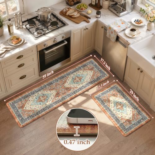 KIMODE Anti Fatigue Kitchen Mats for Floor, Vintage Kitchen Rugs Sets of 2