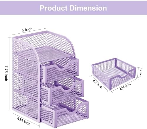 EasyPAG Mesh Desk Organizer with 3 Drawer Office Desktop Organizers and Accessories Stationery Caddy for Office, Home, Students, Purple
