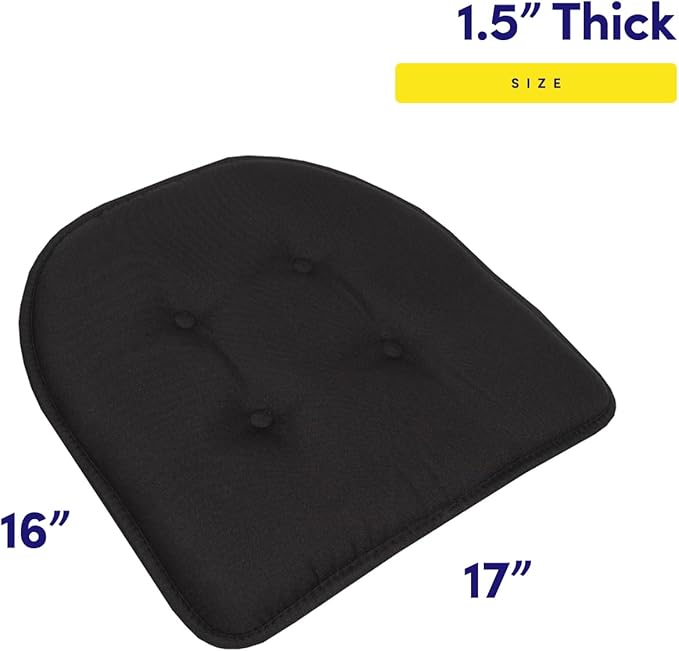 Sweet Home Collection Chair Cushion Memory Foam Pads Tufted Slip Non Skid Rubber Back U-Shaped 17" x 16" Seat Cover, 2 Count (Pack of 1), Black