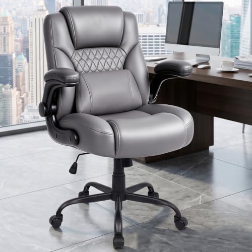Home Leather Office Chair with Lumbar Support, 5" Padded Seat, Small Rocking Desk Chair, Comfy Computer Chairs with Rolling Wheels & Adjustable Arms for Adults, Grey