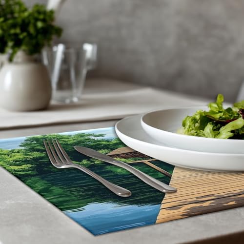 Peaceful Retreat Wooden Structure Linen Placemats, Water Body Lush Foliage Table Mats for Table Washable Heat Insulation Thick Dining Mat, Indoor/Outdoor 12X18 in 8 Pcs