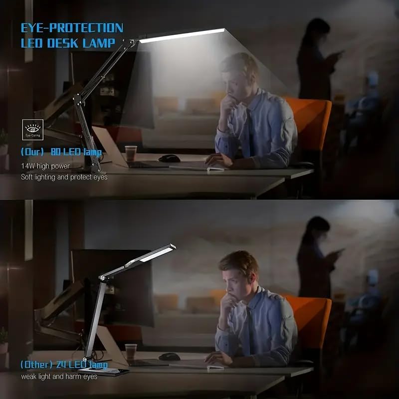 LED Desk Lamp with Eye-Caring 3 Modes 10 Brightness, Adjustable Swing Arm Long Flexible Lamp for Office Workers and Students, USB Port