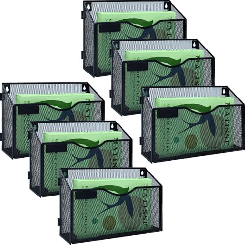 6 Packs 1 Tier A4 Mesh in Tray Hanging Wall File Holder Magazine Document Holder Mail Organiser Magazine Storage Rack,Durable Metal Mesh Filing Storage, Black