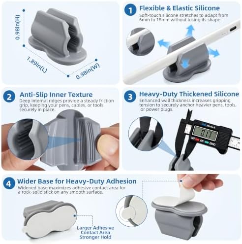 Biottro 12PCS Pen Holder for Desk, Upgraded Adhesive Pen Pencil Holder for Desk Wall Clipboard Car Silicone Pens Markers Pencils Organizer Teacher Supplies Office Supplies (12PCS Gray)