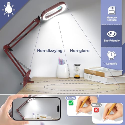 Drdefi 12X Square Magnifying Glass with Light and Stand, Real Glass LED Lighted Magnifier, 5 Color Modes Stepless Dimmable, Hands-Free Mag Desk Lamp with Clamp for Reading Craft Hobby Close Work Red