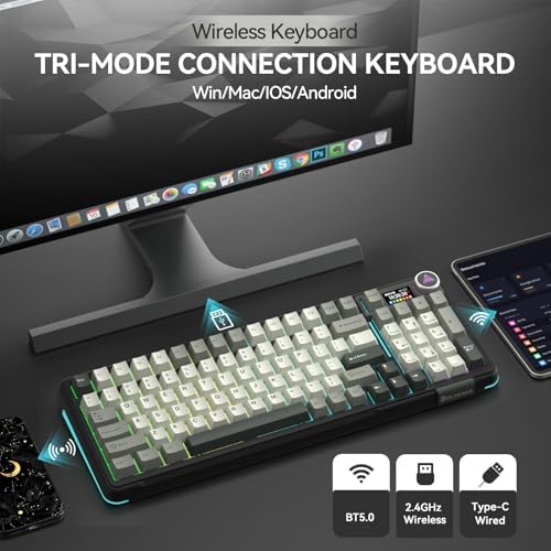 SOLAKAKA A99 Pro Wireless Mechanical Keyboard with LCD Screen & Metal Knob, 2.4GHz/BT5.0/USB-C, RGB Backlit Gaming Keyboard, Hot Swappable, Creamy Keyboard with Gasket Structure, for Win/Mac