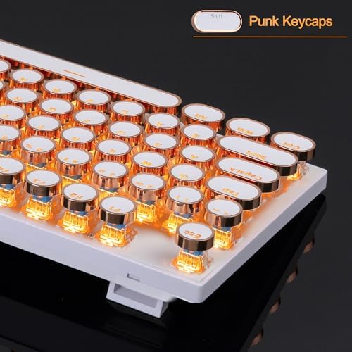 MageGee Typewriter Mechanical Gaming Keyboard, Retro Gold Punk Round Keycaps LED Backlit Wired Keyboards for Laptop MAC PC Gamer, with Magnetic Wrist Rest - Blue Switch