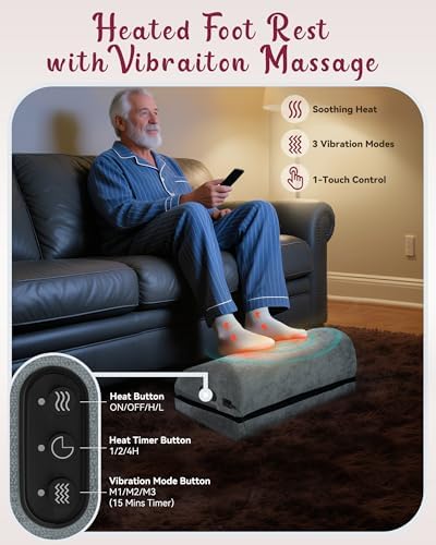 Heated Foot Rest for Under Desk at Work, Foot Stool with Vibration Massage, 2 Heat Levels, Ergonomic Memory Foam Feet Warmer Heater