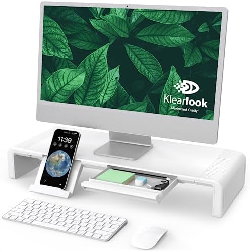 Monitor Stand Riser, Klearlook Foldable Computer Monitor Riser, Height Adjustable Computer Stand, Desk Shelf Riser with Storage Drawer & Tablet Phone Stand for Computer, Desktop, Laptop (White 2 Pack)