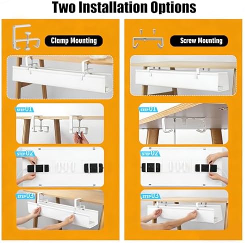 Oxford Cloth Under Desk Cable Management Tray,No-Drill 48" Desk Cable Management Organizer with Clip/Screw Installation,Fabric Cable Management for Home,Office & Gaming Computer(White)