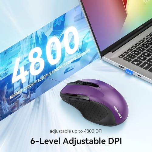 TECKNET Rechargeable Jiggler Wireless Mouse, Dual-Mode Connectivity, Purple