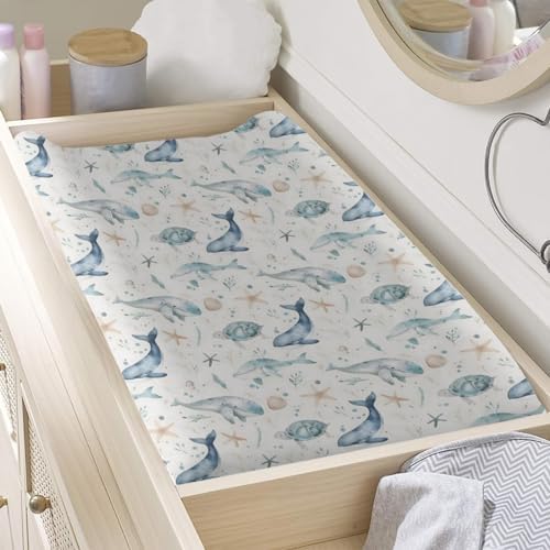 Ocean Animals Baby Changing Pad Cover,Unisex Watercolor Sea Turtle Whales Starfish Nursery Diaper Changing Table Pad Mat Sheet for Boys Girls-16x32