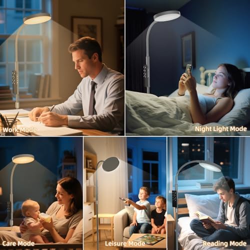 PACOVY Floor Lamp, Adjustable Height Floor Lamps for Living Room Bedroom, 120 LED Super Bright Standing Lamp Remote Control Dimmable Gooseneck Tall Stand Reading Lamp for Office Craft, Matte Gray