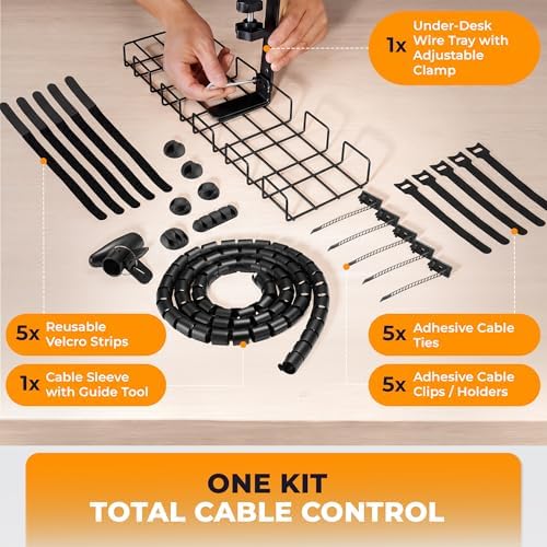 JANEX Under Desk Cable Management Tray Kit, No Drill Clamp-On Cable Organizer for Desk, Wire Cord Management Tray with Cable Sleeve, Cable Clips, Ties & Velcro Strips, Black