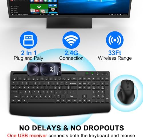 Ergonomic Wireless Keyboard and Mouse Combo, Full-Size Silent Keyboard with Wrist Rest & Phone Holder, 3 DPI Adjustable Mouse, 2.4G Lag-Free Cordless, Long Battery Life for PC Laptop Mac Windows