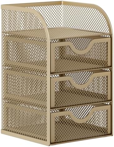 EasyPAG Mesh Desk Organizer with 3 Drawer Office Desktop Organizers and Accessories Stationery Caddy for Office, Home, Students, Gold