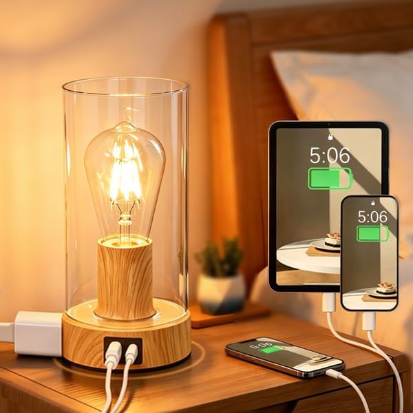 Touch Control Bedside Lamp with Charging Station，Wood Metal Small Lamp