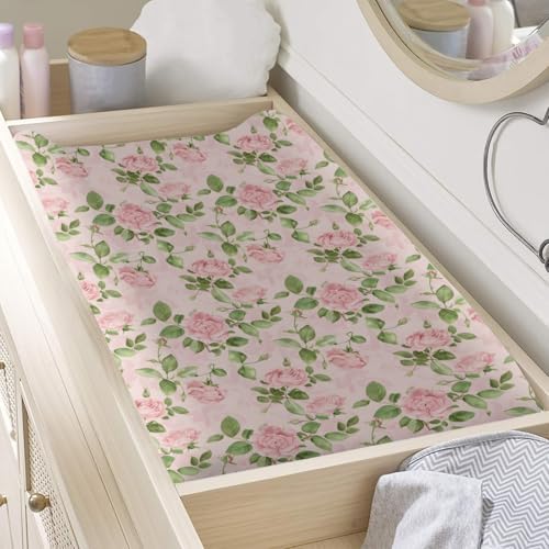 Spring Watercolor Roses Floral Leaves Baby Changing Pad Cover, Unisex Flowers Nursery Diaper Changing Table Pad Mat Sheet for Boys Girls-16x32