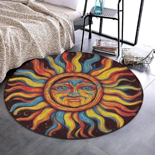 Machine Washable Modern Round Area Rug, Room Sofa Yoga Soft Round Carpet, Home Decor Non Slip Kitchen Office Circle Rug Trippy Sun Art, 24inch