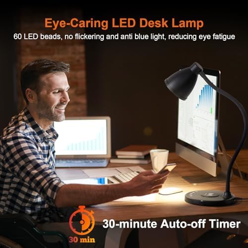 BOHON Desk Lamp for Home Office with USB C+A Charging Ports Timer Black