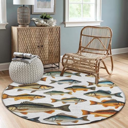 Men's Large Home Decor Mat, Soft Round Yoga Carpet, Non Slip Machine Washable Home Office Circle Rug Watercolor Few Freshwater Cartilaginous Fish Marine Life