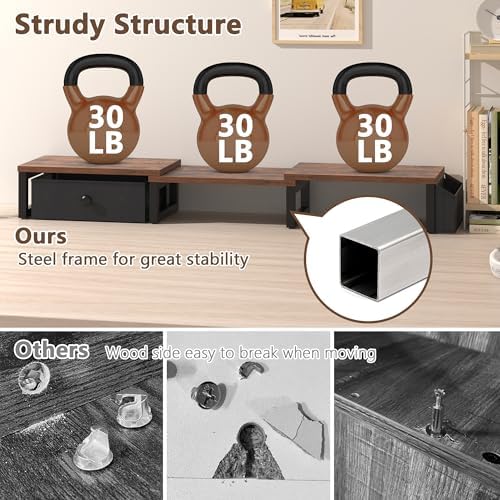 LAND·VOI Heavy Duty Dual Monitor Stand, Holds 2 Screens Up to 27 Inches, Adjustable Length and Angle Monitor Riser, Desk Organizer with Side Pockets and Drawers, Home Office Desk Storage, Rustic Brown