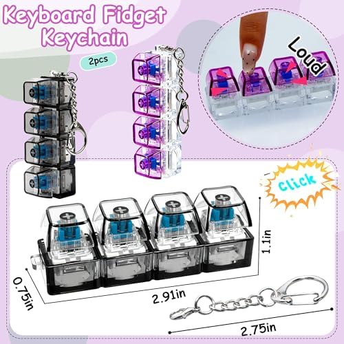 2 PCS Keyboard Fidget Toy, Keyboard Fidget Keychain 4-in-1 Keyboard Decompression Button Finger Clicker Toys, Button Stress Relief Fidget Gifts to Relief Stress (Black Purple)