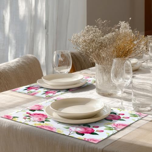 Shrahala Beautiful Rose Flower Set of 6 12 X 18 Inch Linen Placemats, Beautiful Flower Elegant Burlap Table Mat Washable Double Layered Heat Insulation for Indoor/Outdoor
