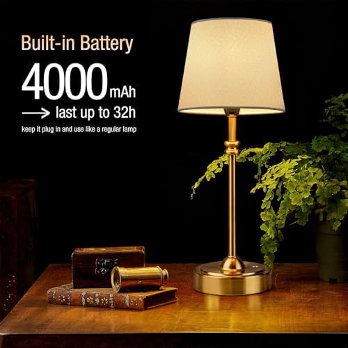 ONEWISH Cordless Lamp-Battery Operated Table lamp, 4000mAh Rechargeable, Stepless Dimmable, Small Touch Bedside Lamp with Fabric Shade, for Dining, Patio, Bathroom(Gold)