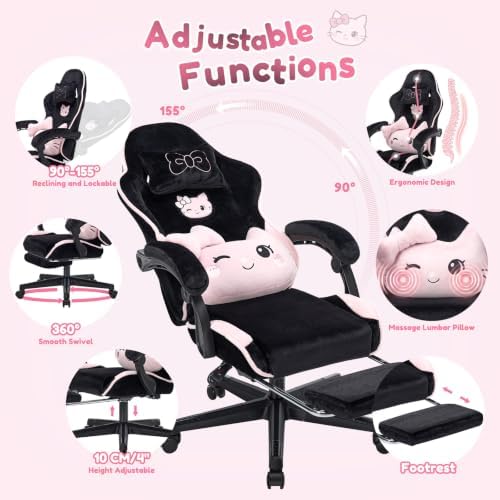 Black Pink Cat Gaming Chair,Ultra Soft Cute Microplush Fleece Desk Chair