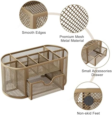 EasyPAG Mesh Pen Holder Desk Organizer with Drawer Stationery Supplies Organizer for Dorm School 9 Compartments Workspace Desk Accessories Organization for Office, Gold