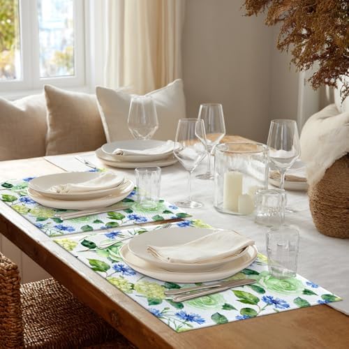 Shrahala Vintage Blue Set of 8 12 X 18 Inch Linen Placemats, Pink Flower The of Rose Hand Draw Watercolor Burlap Table Mat Washable Double Layered Heat Insulation for Indoor/Outdoor