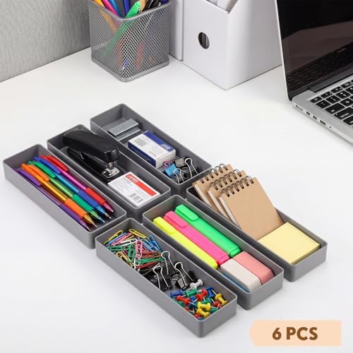 Teling 6 Pcs Grey Plastic Desk Drawer Organizer Pen Tray Shallow