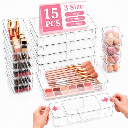 15 PCS Extendable Drawer Organizer Set Clear Stackable Vanity Storage Bins