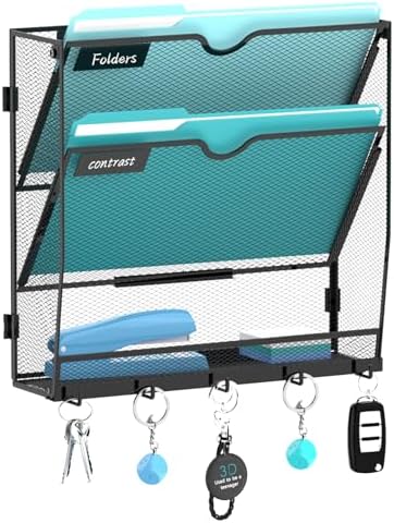 3-Tier Wall File Organizer and Mail Organizer with 5 Hooks, Black