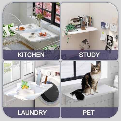 TEAMIX Wall Mounted Folding Table, White Floating Desk for Small Spaces Laundry Shelf with Heavy Duty Brackets Floating Desk for Garage, Utility Room, Kitchen, Laundry Room