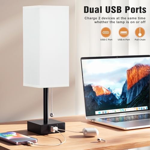 Set of 2 White Bedside Table Lamps for Bedroom - Nightstand Lamp, USB C+A