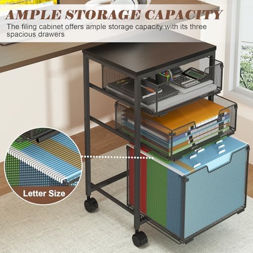 Sbanmao Rolling File Cart with 3 Drawers, Filing Cabinet, Hanging Folder Holder Organizer with Wheels, Under Desk Storage Utility Cart, File Cabinet Printer Stand for Home Office, Black