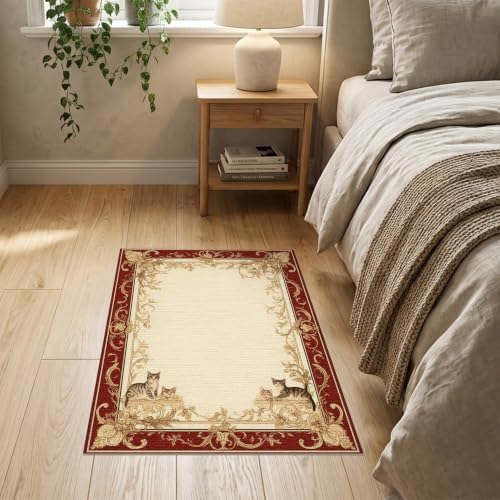 2'x3' Ivory Cat Crimson Motif with Swirls Washable Throw Rug