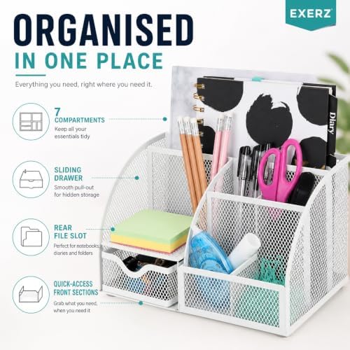 Exerz Desk Organizer 7 Compartments Metal Mesh Pen Holder Caddy White