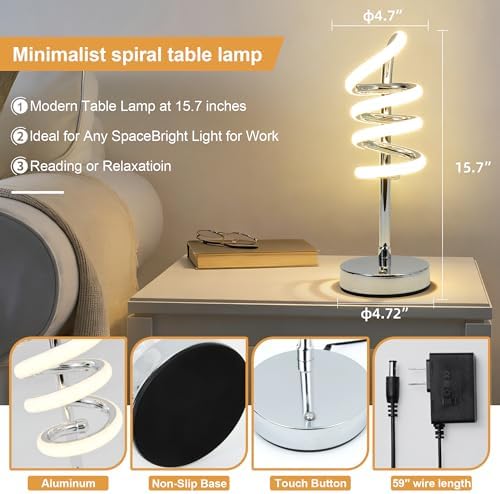 Modern Spiral Table Lamp for Bedside Nightstand Touch and Remote Dual Control, 3 Color Temperatures and Dimming Mountain-Winding Road Shape Led Desk Light Yarra-Decor Nuur Lamps - Silver