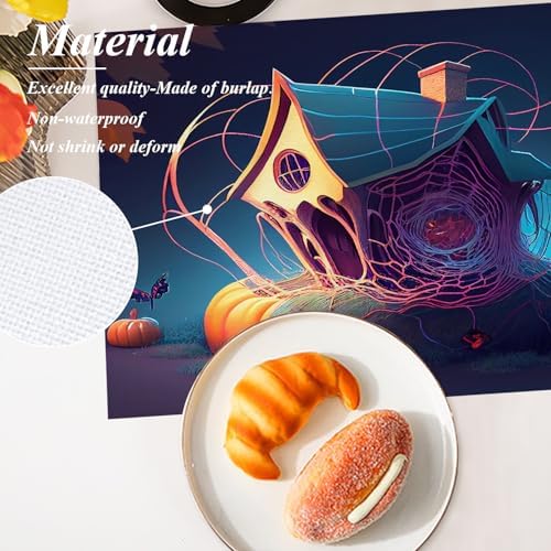 Shrahala Happy Halloween Funny Set of 4 12 X 18 Inch Linen Placemats, Spider Webs Houses Butterflies Pumpkins Burlap Table Mat Washable Double Layered Heat Insulation for Indoor/Outdoor