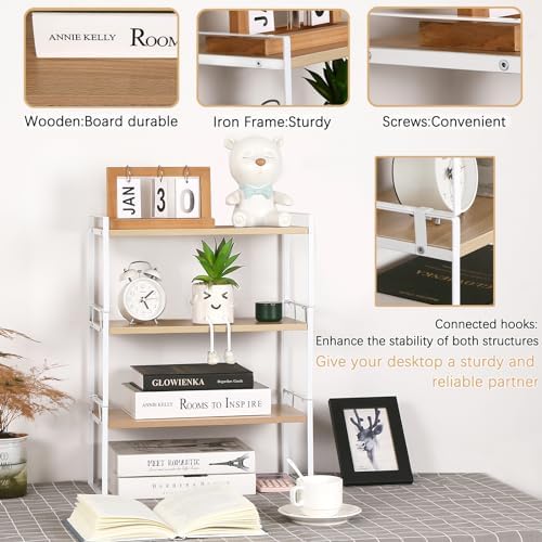 YGYQZ Desk Shelf Organizer for Top of Desk, 3-Tier Desktop Bookshelf, White & Wood