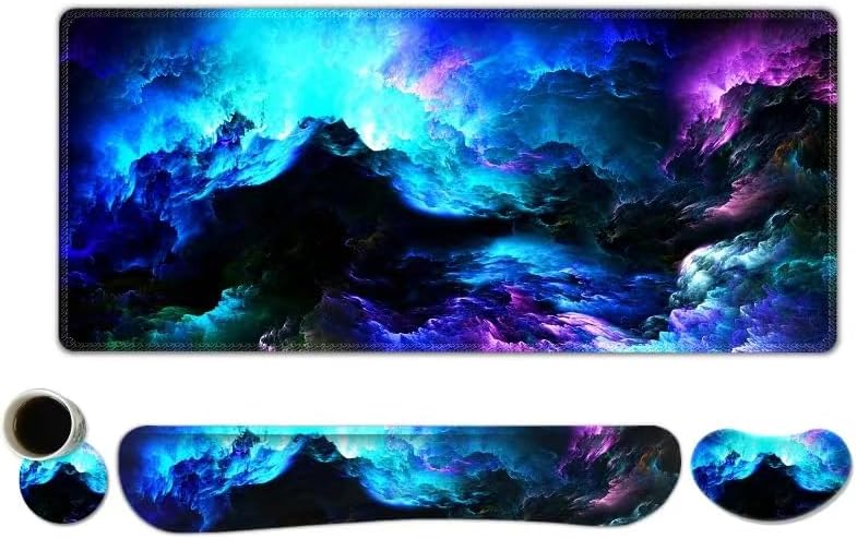 AIMSA Keyboard Mouse Pad Wrist Rest Set, Extended Desk Mat+ Ergonomic Mouse Pad with Wrist Rest+ Keyboard Wrist Support+ Coaster, 35x15.7in Large Mousepad for Home Office, Nebula Galaxy