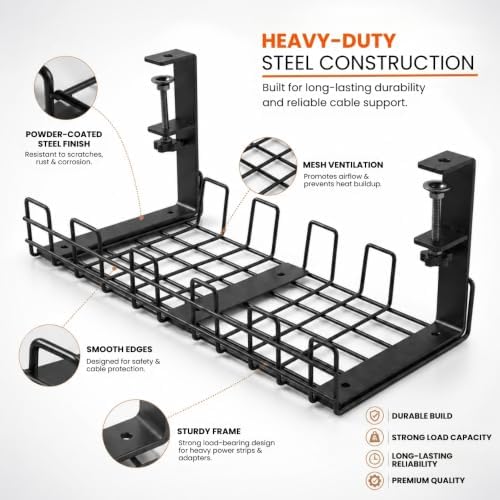 Under Desk Cable Management Tray 2 Pack, No Drill, Clamp Mount, Black