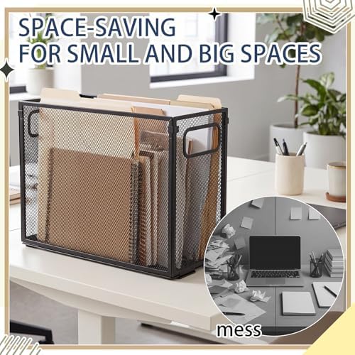 Zhengmy 3 Pcs Hanging File Organizer Letter Size File Holder Metal Mesh Filing Box Desktop Folder Letter Storage Cabinets Magazine Holder with Handles for Home Office School Document (Black)